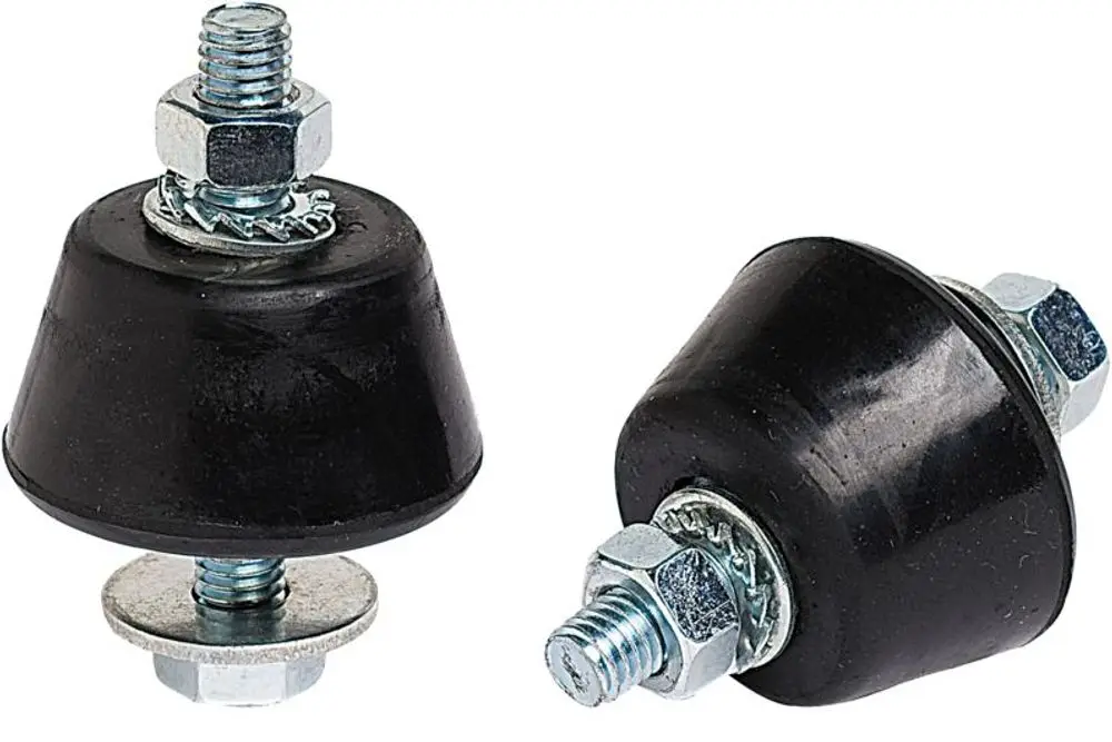 Zwei schwarze Schwingungsdämpfer von STIEBEL ELTRON mit Gewinde und Mutter zur Befestigung von Klimaaußengeräten.